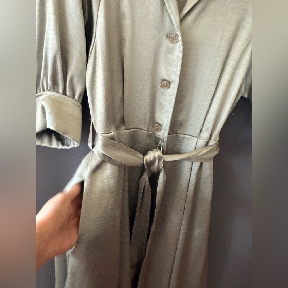 Donna Karan Satin Midi,belted Shirt Dress, Sz 10,New , Weathered Sage - Picture 9 of 11